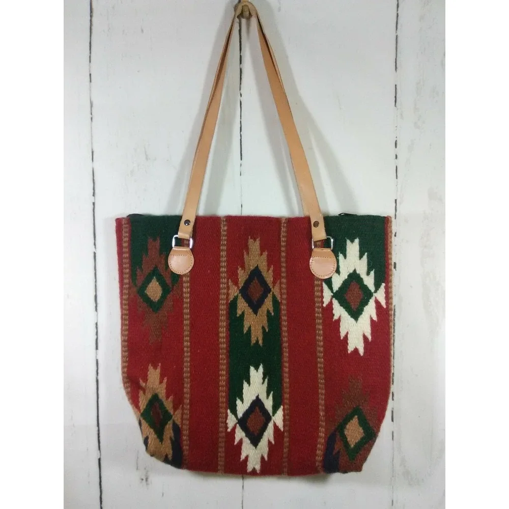 El Paso Saddle Blanket Wool Bag Southwestern Tote Boho‎ Hippie Leather Straps